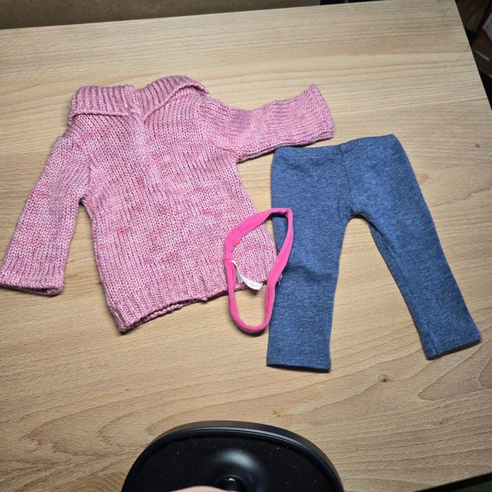 American Girl Cozy Sweater Outfit Pink Knit Turtleneck Blue Leggings Headband